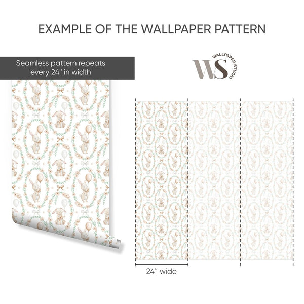 Bunny Flower Wreath Wallpaper S109 - CostaCover - Peel and stick Removable Wallpaper - accent wallpaper - adhesive wallpaper - animal print