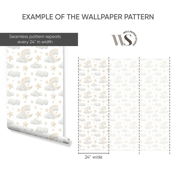 Clouds Moon & Stars Wallpaper S113 - CostaCover - Peel and stick Removable Wallpaper - abstract wall art - abstract wallpaper - accent wallpaper