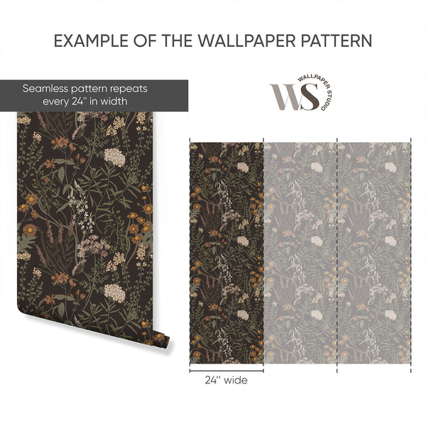 The Moody Dark Floral Wallpaper presents a dramatic, vintage-inspired design with wildflower stems on a near-black ground. This botanical wallpaper is suited for dining rooms or bedrooms seeking a deep, cozy atmosphere, emphasizing eco-friendly materials and easy application.