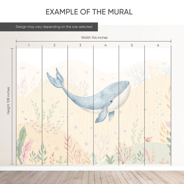 Example of a 144-inch-wide by 108-inch-high mural split into 6 panels, showing how the design is divided across  panels; the printed design varies with the size selected.