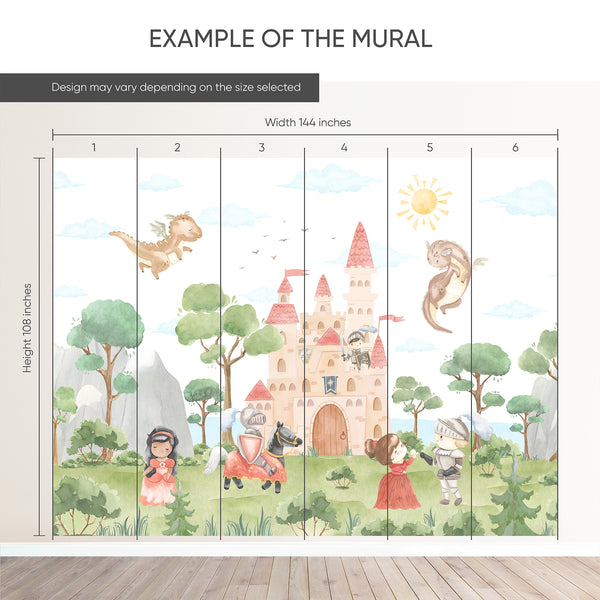 Example of a 144-inch-wide by 108-inch-high mural split into 6 panels, showing how the design is divided across  panels; the printed design varies with the size selected.