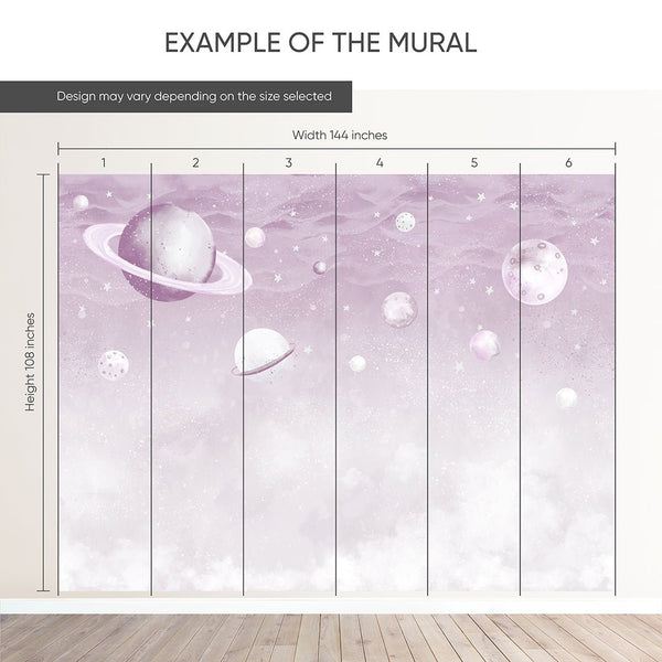 Lilac Planets in Space Wall Mural SM088 - CostaCover - Peel and stick Removable Wallpaper - accent wallpaper - adhesive wallpaper - baby bedroom
