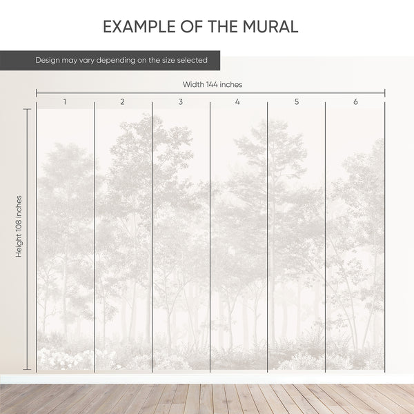 Large-scale wall mural with gentle tree layers in neutral hues, enhancing the natural aesthetic of modern living areas.