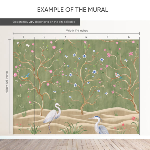 Example of a 144-inch-wide by 108-inch-high mural split into 6 panels, showing how the design is divided across  panels; the printed design varies with the size selected.