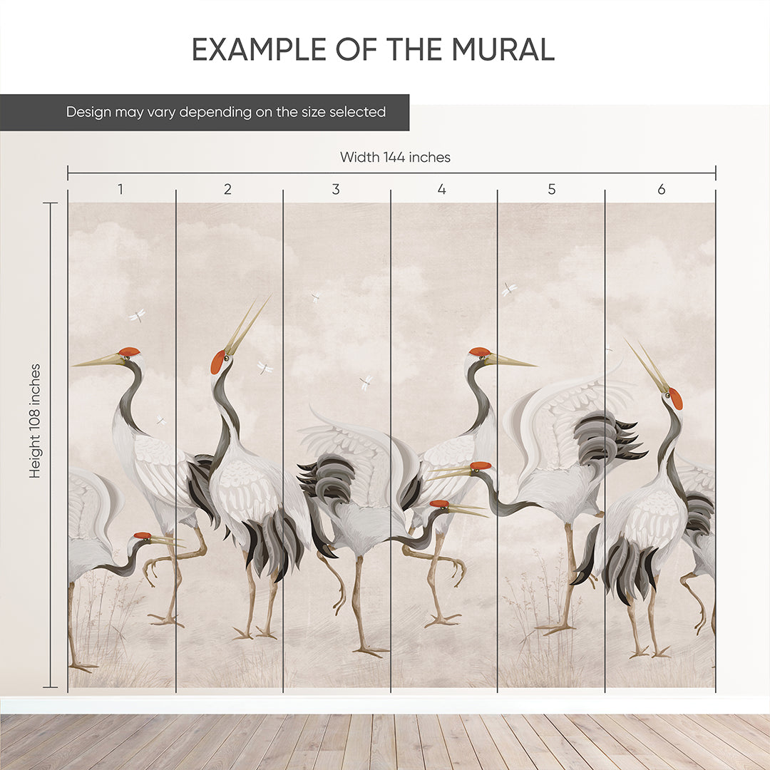 Beige Japanese Cranes Wall Mural WM107