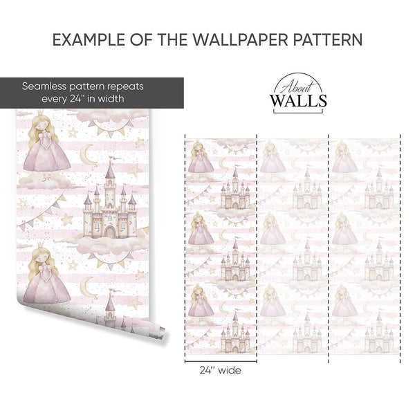 Princess Castle & Stripe Wallpaper A041 - CostaCover-Peel and stick Removable Wallpaper-accent wallpaper-adhesive wallpaper-baby bedroom