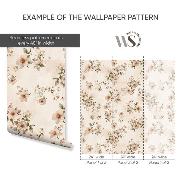 Beige Country Style Flowers Wallpaper S077 - CostaCover - Peel and stick Removable Wallpaper - abstract floral - abstract wallpaper - accent wallpaper