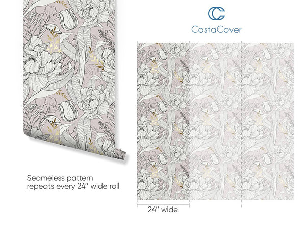 Peony Tulip Flowers Wallpaper CC297 - CostaCover - Peel and stick Removable Wallpaper - Abstract - abstract floral - accent wallpaper