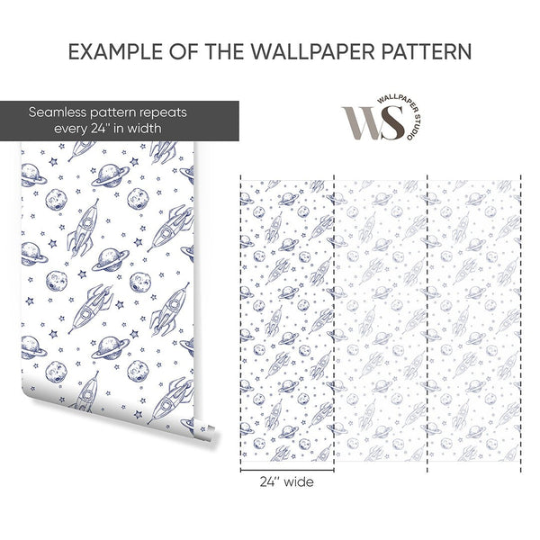 Line Art Spaceship & Planet Wallpaper S130 - CostaCover-Peel and stick Removable Wallpaper-abstract wall art-accent wallpaper-adhesive wallpaper