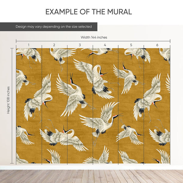 Flying Mustard Japanese Cranes Wall Mural WM113 - CostaCover - Peel and stick Removable Wallpaper - accent wallpaper - adhesive wallpaper - animal texture