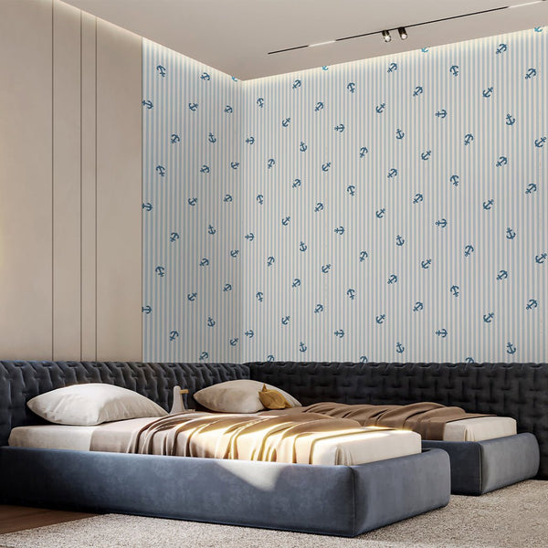 Blue Stripes & Sailboats Wallpaper A074 - CostaCover-Peel and stick Removable Wallpaper-abstract lines-abstract wall art-abstract wallpaper