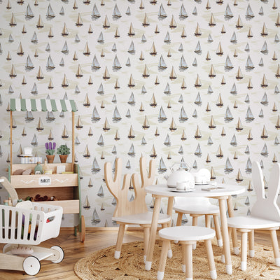 Beige Blue Sailboats Wallpaper A076