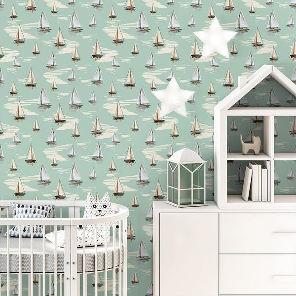 Light Green Sailboats Wallpaper A077 - CostaCover-Peel and stick Removable Wallpaper-Abstract-abstract wall art-abstract wallpaper