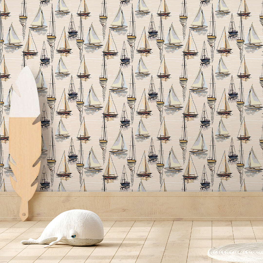 Beige Sailboats Wallpaper A078