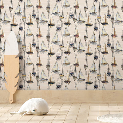 Beige Sailboats Wallpaper A078
