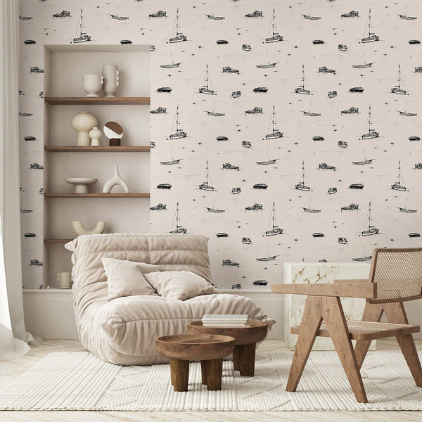 Beige Boat Sketch Wallpaper A080 - CostaCover-Peel and stick Removable Wallpaper-Abstract-abstract wall art-abstract wallpaper