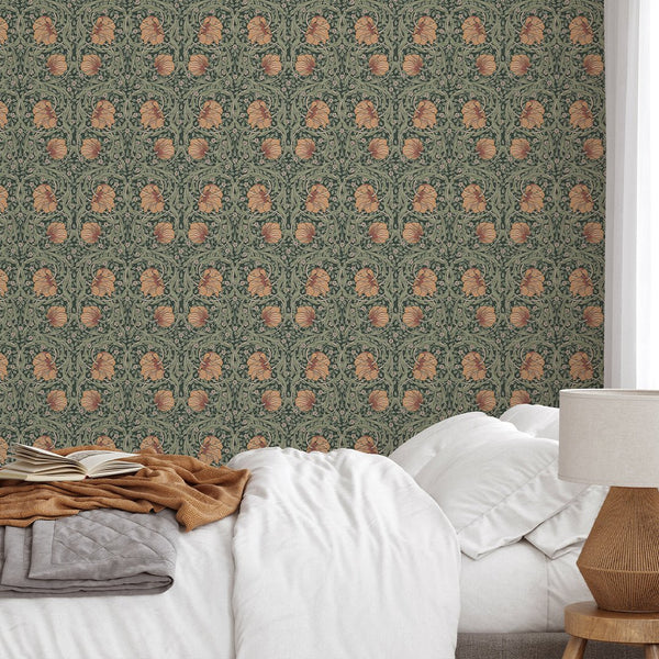 Orange & Green Pimpernel by Morris Wallpaper W081 - CostaCover - Peel and stick Removable Wallpaper - abstract floral - abstract wall art - abstract wallpaper