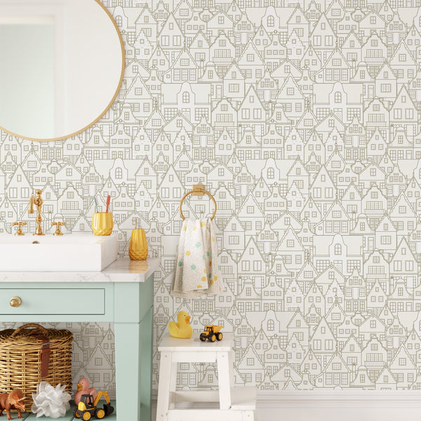 Neutral City Houses Wallpaper CC312 - CostaCover - Peel and stick Removable Wallpaper - Abstract - abstract wallpaper - accent wallpaper