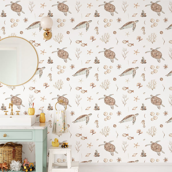 Beige Brown Turtles Wallpaper CC355 - CostaCover - Peel and stick Removable Wallpaper - abstract wallpaper - accent wallpaper - adhesive wallpaper