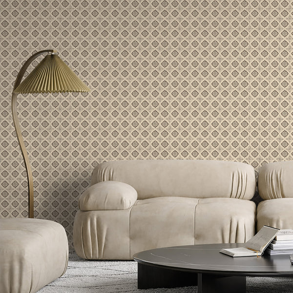 Close-up of taupe damask wallpaper with diamond medallions, offering a layered old-world mood for living spaces. Pre-pasted wallpaper, ideal for decorators.