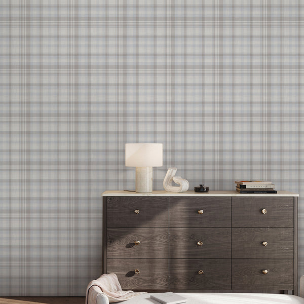 Neutral checkered wallpaper featuring overlapping pale blue and beige stripes with intricate zigzag detailing for a farmhouse-inspired living room.
