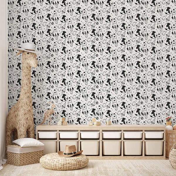 Black Spaceship & Planet Wallpaper S131 - CostaCover-Peel and stick Removable Wallpaper-accent wallpaper-adhesive wallpaper-bathroom wallpaper