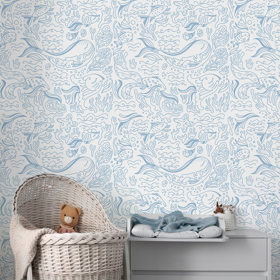 Blue Line Art Whale Wallpaper S099