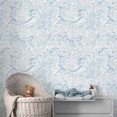 Blue Line Art Whale Wallpaper S099