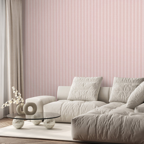 Blush floral wallpaper with repeating botanical stripe bands, dusty rose linework, and a subtle textured finish for farmhouse or French country decor.