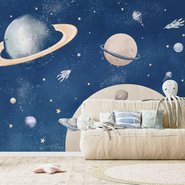 Blue Beige Planets in Space Wall Mural SM092 - CostaCover-Peel and stick Removable Wallpaper-abstract wall art-abstract wallpaper-accent wallpaper