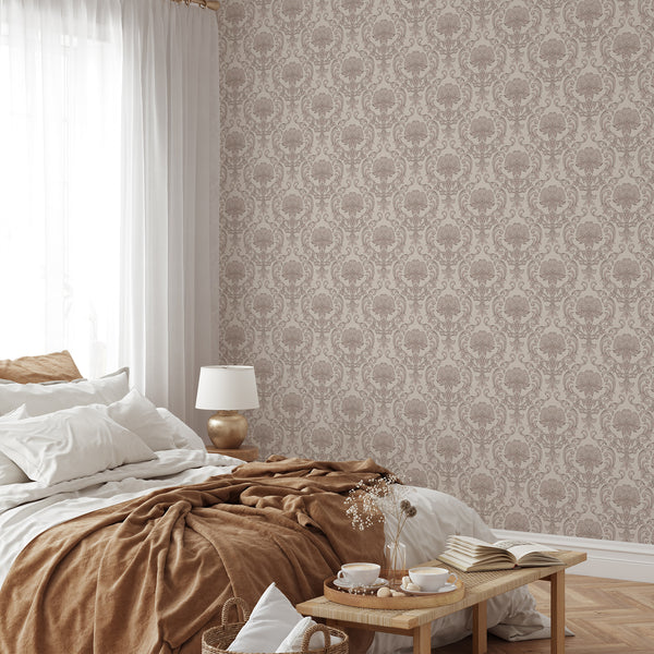 Floral damask wallpaper with ornate medallions and scrolls, ideal for bringing vintage charm to living rooms. The warm taupe-beige and dusty rose accents add a romantic feel, suitable for shabby chic and French country decor.