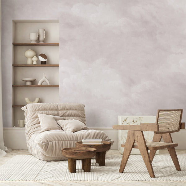 Soft pink cloud wall mural with delicate white clouds and subtle dusty pink tones, ideal for a dreamy nursery, bedroom, or kids room accent wall.