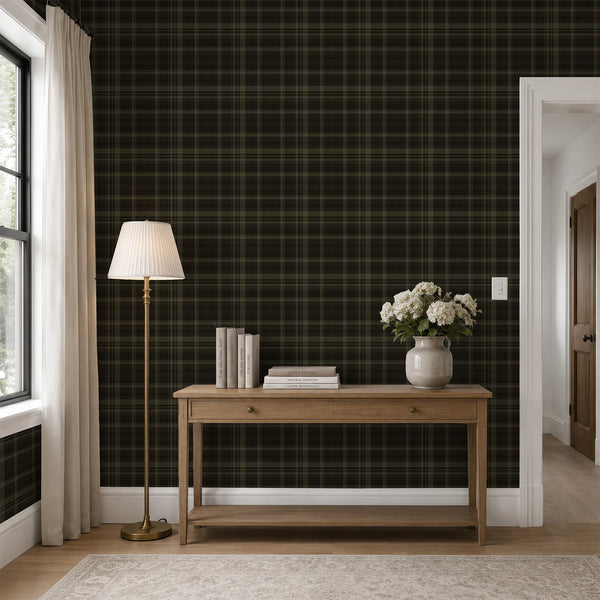 Vintage tartan wallpaper with overlapping dark olive and black checkered stripes, featuring a fine zigzag texture for a rustic home office or study.