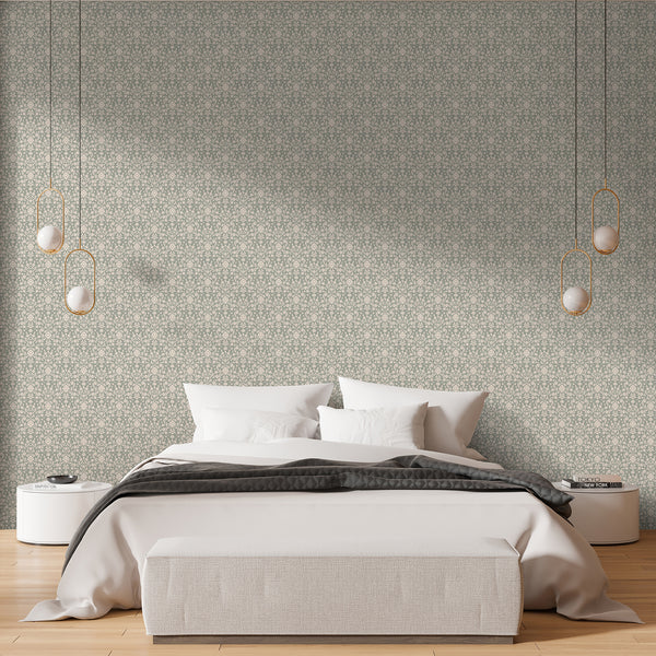 Cottagecore floral damask wallpaper with oversized ivory blossoms, decorative leaves and graceful botanical stems on a muted sage green background.