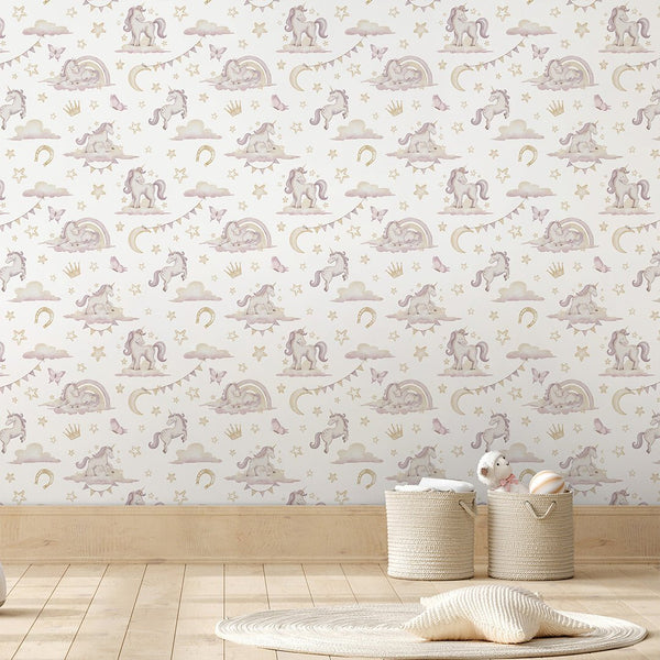 Pink Unicorns on Clouds Wallpaper A044 - CostaCover-Peel and stick Removable Wallpaper-accent wallpaper-adhesive wallpaper-baby bedroom