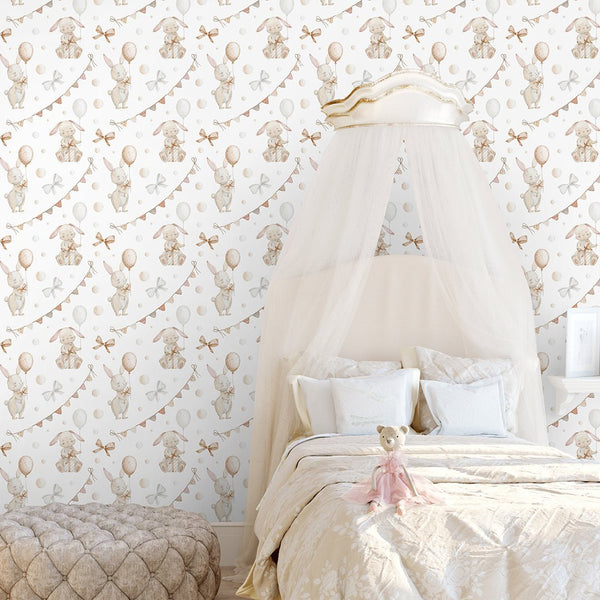 Beige Bunnies & Bunting Wallpaper S110 - CostaCover - Peel and stick Removable Wallpaper - accent wallpaper - adhesive wallpaper - animal print