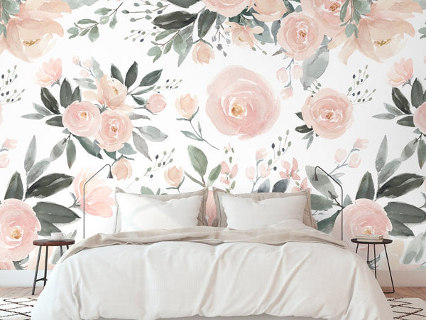 Soft Pink Roses Wall Mural WM011 - CostaCover - Peel and stick Removable Wallpaper - baby bedroom - bedroom wallpaper - blush pink wallpaper