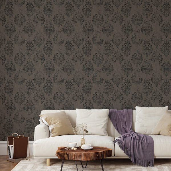 Eco-friendly wallpaper with distressed damask medallions, ideal for a tailored and elegant dining room setting.