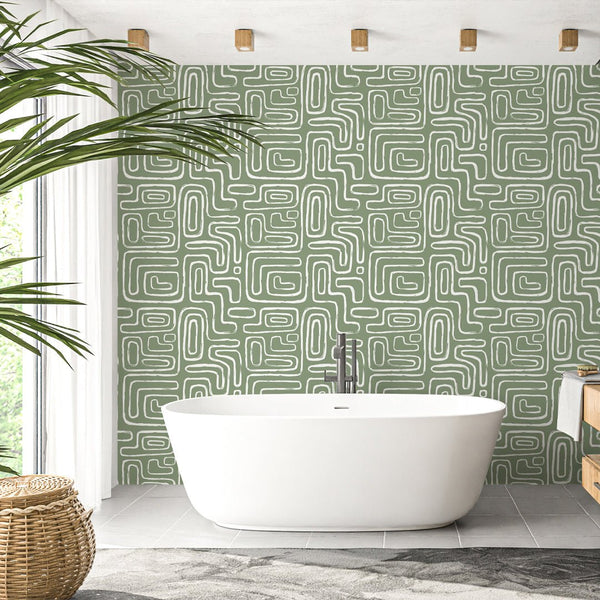 Olive Boho Line Wallpaper W009 - CostaCover - Peel and stick Removable Wallpaper - Abstract - abstract lines - abstract wall art