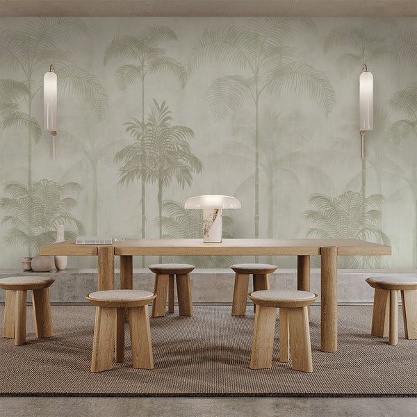 Neutral palm tree wallpaper featuring an airy tropical landscape with tall palms and delicate sage green foliage for modern living room decor.