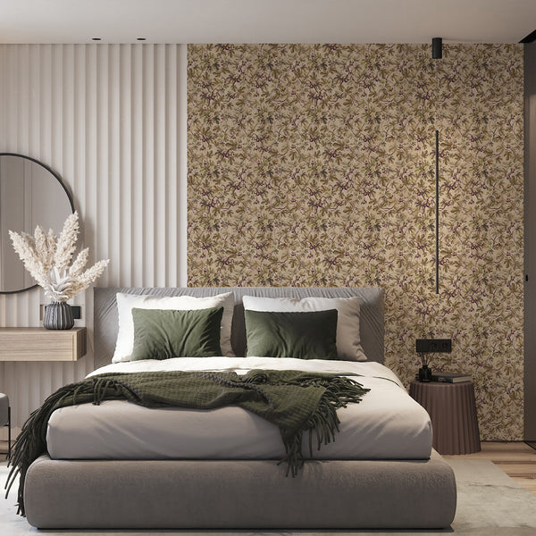 Cottagecore fig wallpaper featuring delicate botanical branches, large lobed green leaves and ripening purple fruits for a cozy vintage living room.