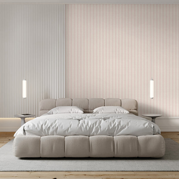 Pink botanical wall mural with repeating floral stripe bands, delicate blossoms, and soft textured finish for farmhouse bedrooms and nursery walls.