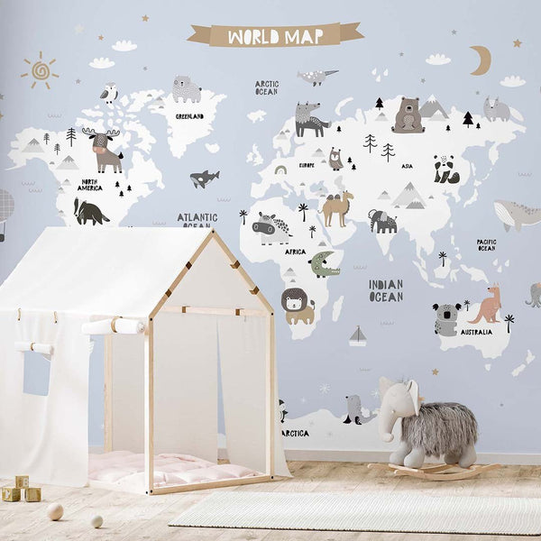 Blue World Map With Animals Wall Mural AM113 - CostaCover - Peel and stick Removable Wallpaper - abstract wall art - accent wallpaper - adhesive wallpaper