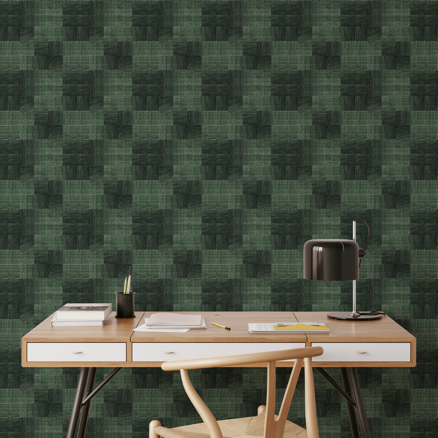 Dark Green Checker Grasscloth Wallpaper CG027