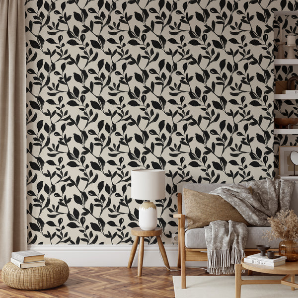 Beige & Black Floral Grasscloth Wallpaper CG028 - CostaCover - Traditional Wallpaper - abstract floral - abstract wallpaper - bathroom wallpaper