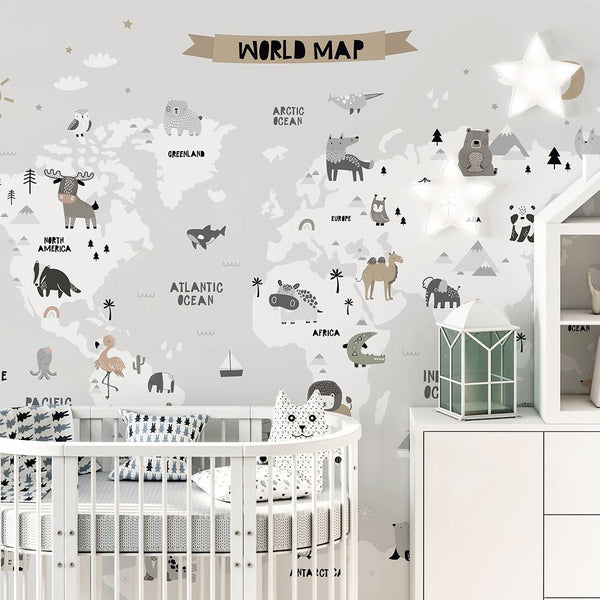 Gray World Map With Animals Wall Mural AM114 - CostaCover - Peel and stick Removable Wallpaper - accent wallpaper - adhesive wallpaper - animal print