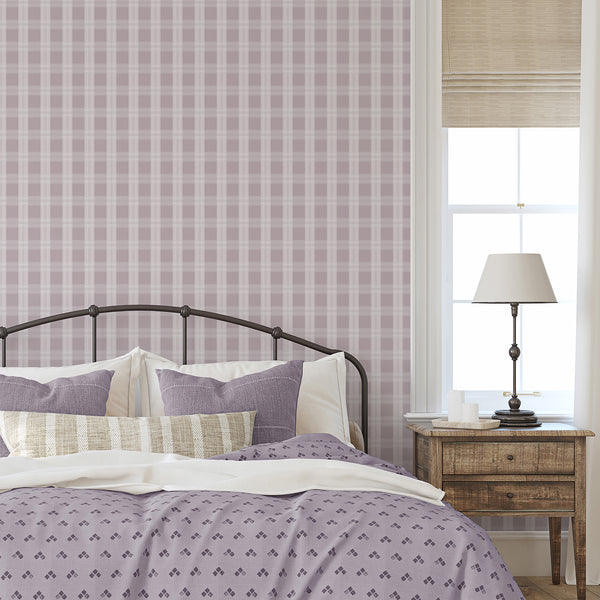 Soft mauve plaid wallpaper with light ivory checks and subtle woven-style lines, ideal for nursery wallpaper, bedrooms, or elegant living rooms.