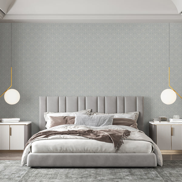 Blue and cream peel and stick wallpaper featuring a repeating floral damask pattern with stylized flowers, curved vines and a subtle textured background.