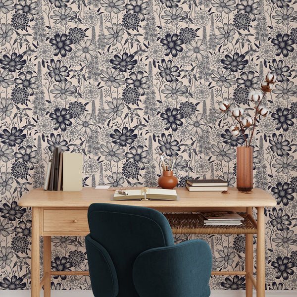 Beige Black Wild Flowers Wallpaper W139 - CostaCover - Peel and stick Removable Wallpaper - Abstract - abstract floral - abstract lines