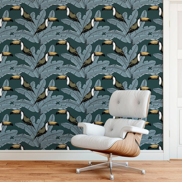 Toucan & Palm Leaves Wallpaper CC211 - CostaCover - Peel and stick Removable Wallpaper - adhesive wallpaper - Backsplash panels - banana leaves